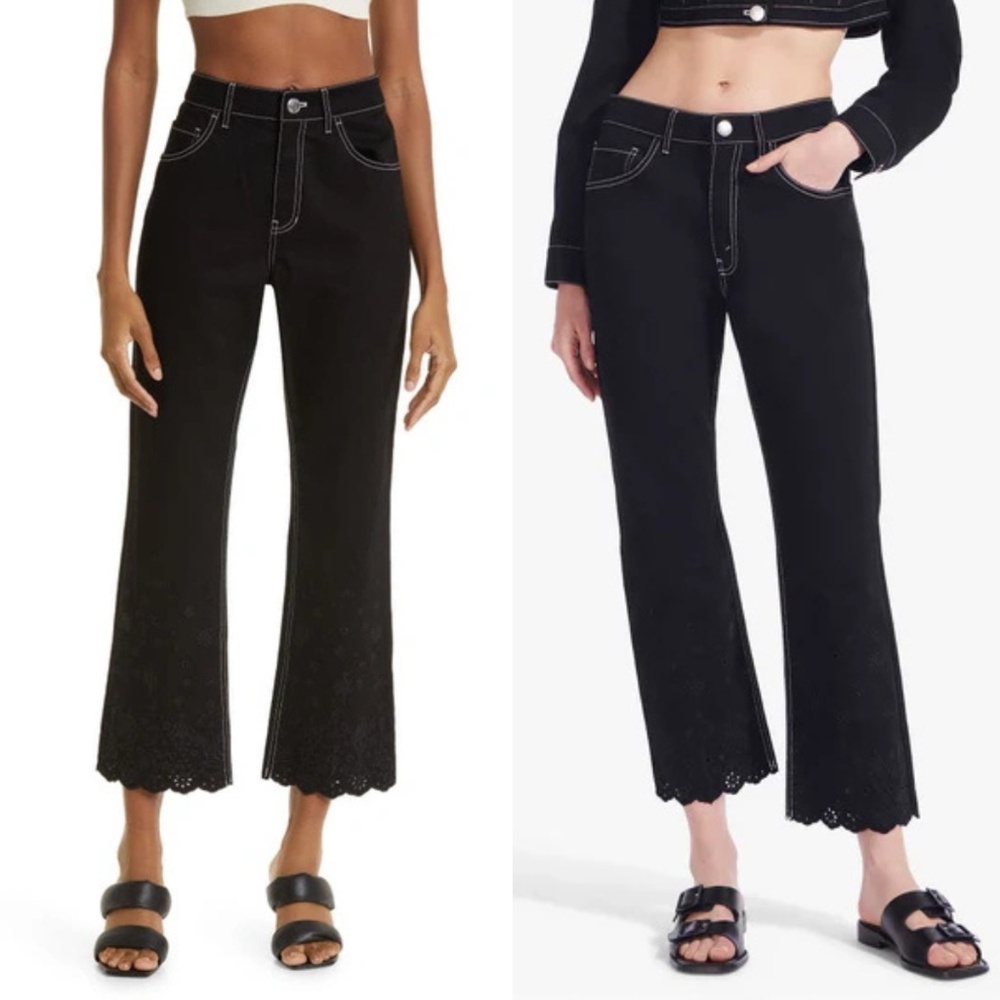 Staud Noemie Eyelet Embroidered Straight Jeans in Black Size 0